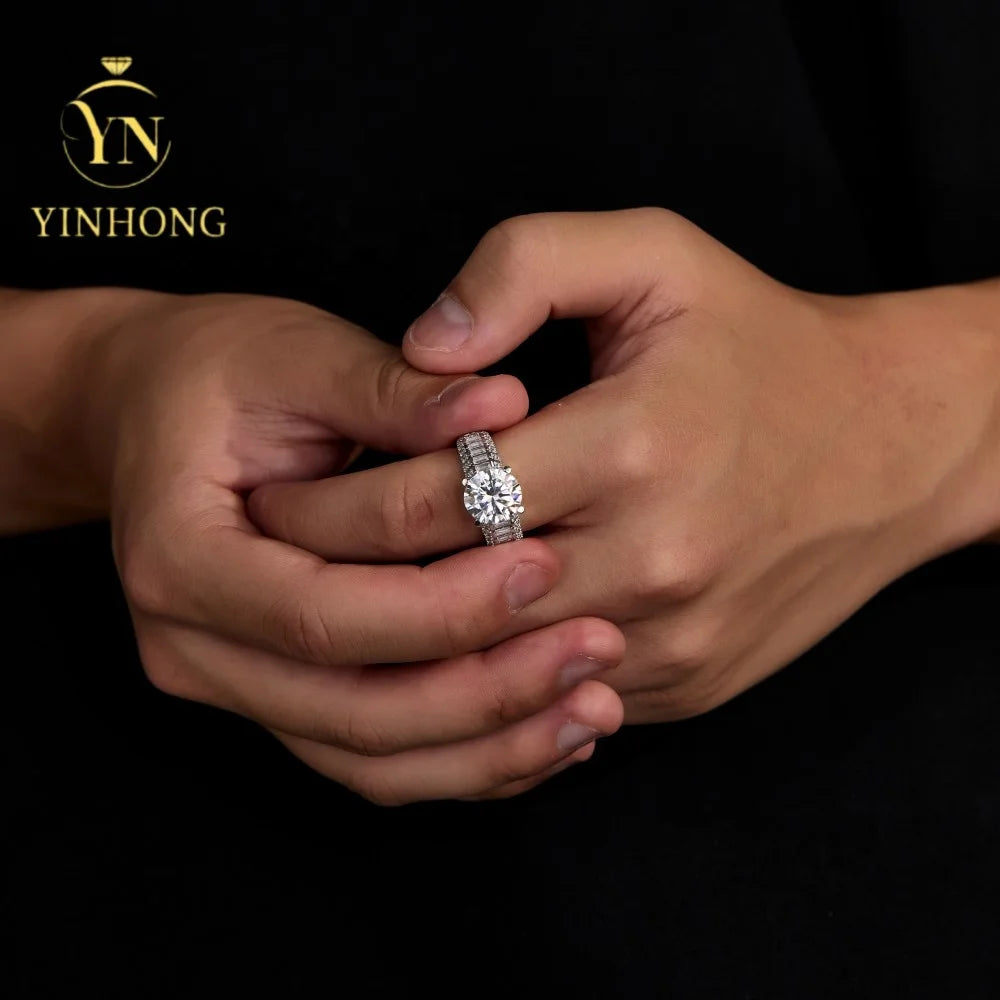 High Quality Wedding Jewelry  S925 Silver Moissanite Men's Patterned Rings Round Cut for Men's Wedding Engagement Ring