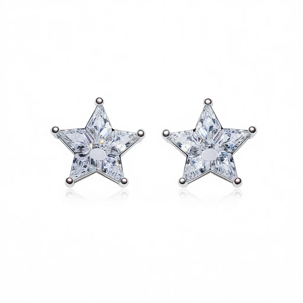 White Gold Star Crystal Stud Earrings 925 Silver Claw Setting Women's Everyday Wear Jewelry