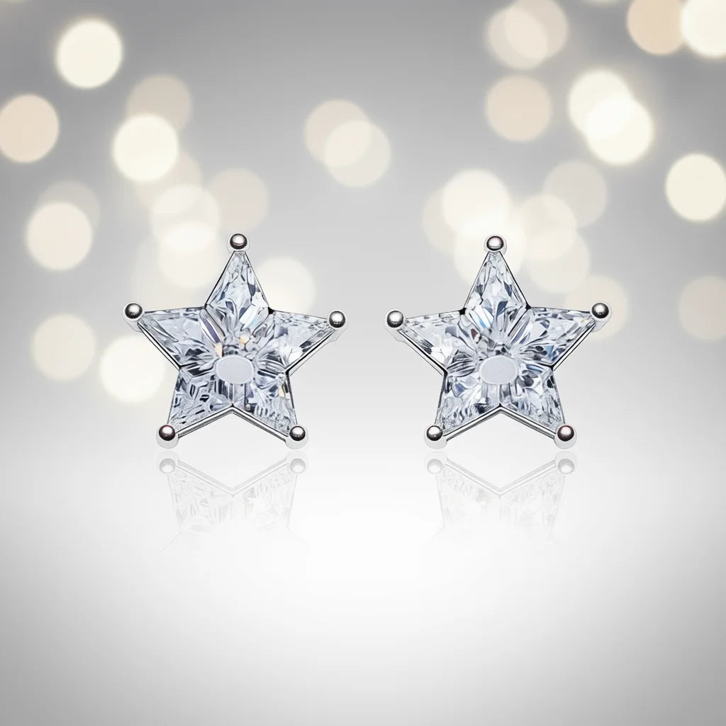 White Gold Star Crystal Stud Earrings 925 Silver Claw Setting Women's Everyday Wear Jewelry