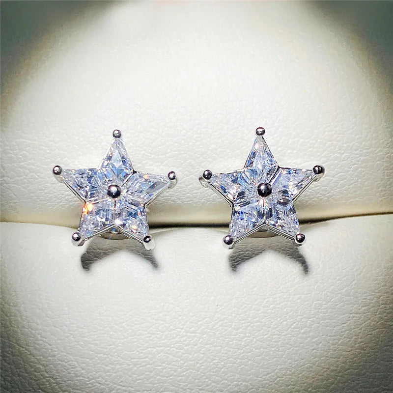 White Gold Star Crystal Stud Earrings 925 Silver Claw Setting Women's Everyday Wear Jewelry