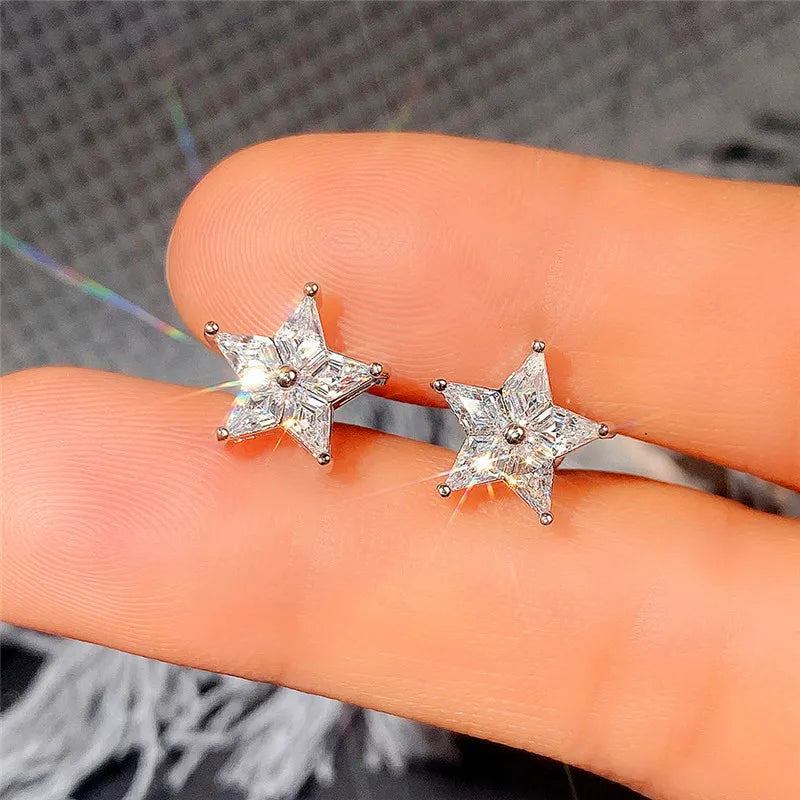 White Gold Star Crystal Stud Earrings 925 Silver Claw Setting Women's Everyday Wear Jewelry