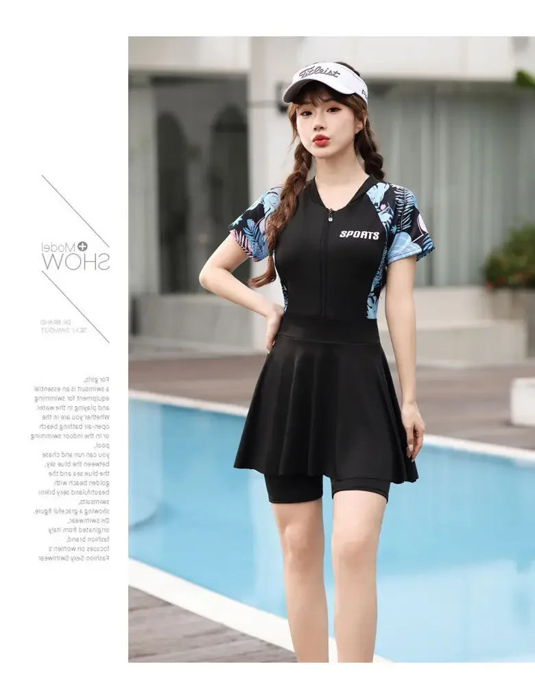 plus size swimsuit women's one-piece skirt short sleeve professional sports swimsuit mother 200kg conservative belly slim hot spring