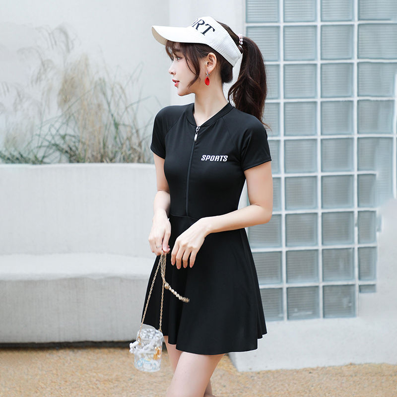 plus size swimsuit women's one-piece skirt short sleeve professional sports swimsuit mother 200kg conservative belly slim hot spring