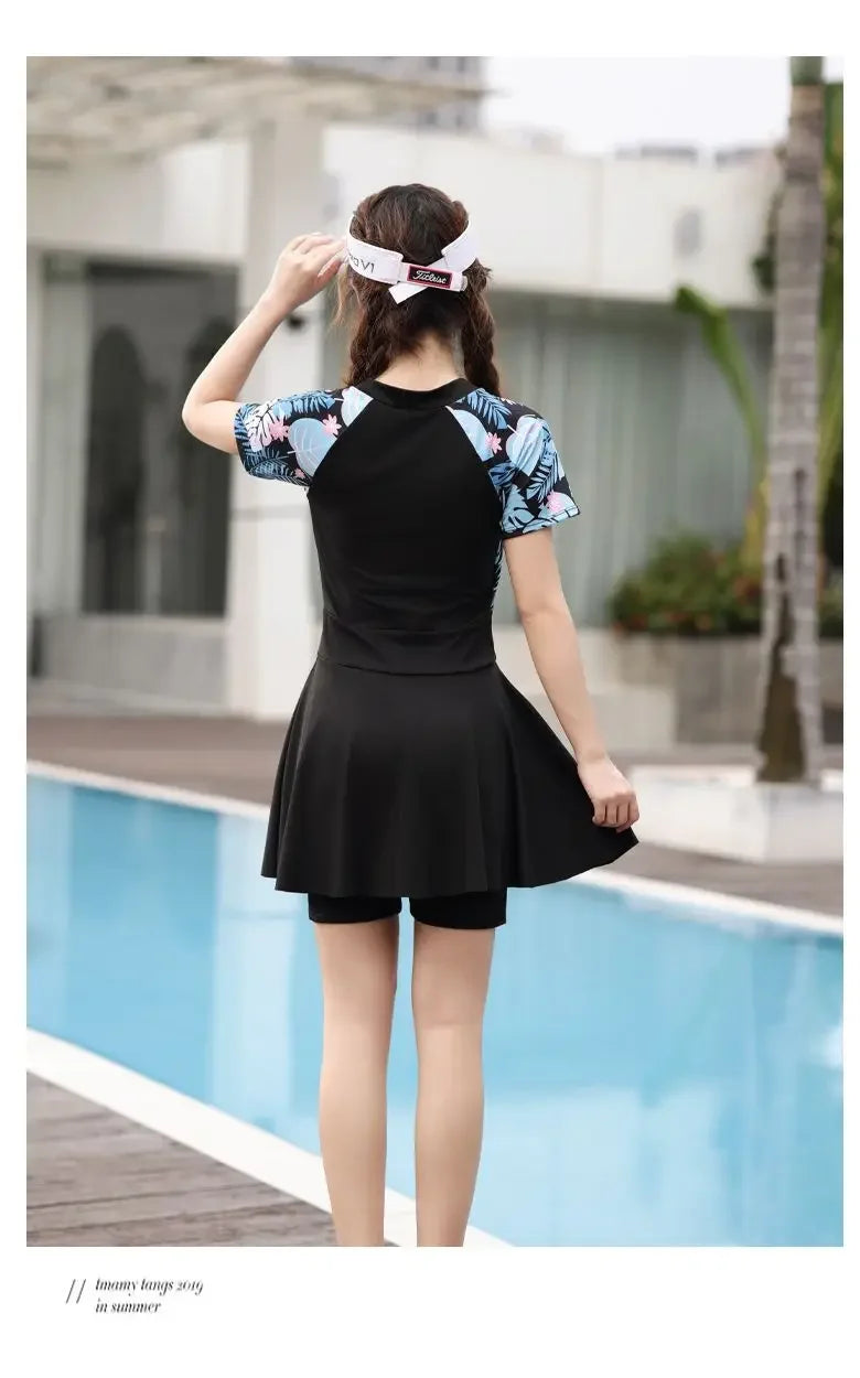 plus size swimsuit women's one-piece skirt short sleeve professional sports swimsuit mother 200kg conservative belly slim hot spring