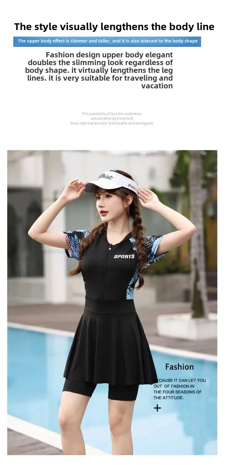 plus size swimsuit women's one-piece skirt short sleeve professional sports swimsuit mother 200kg conservative belly slim hot spring