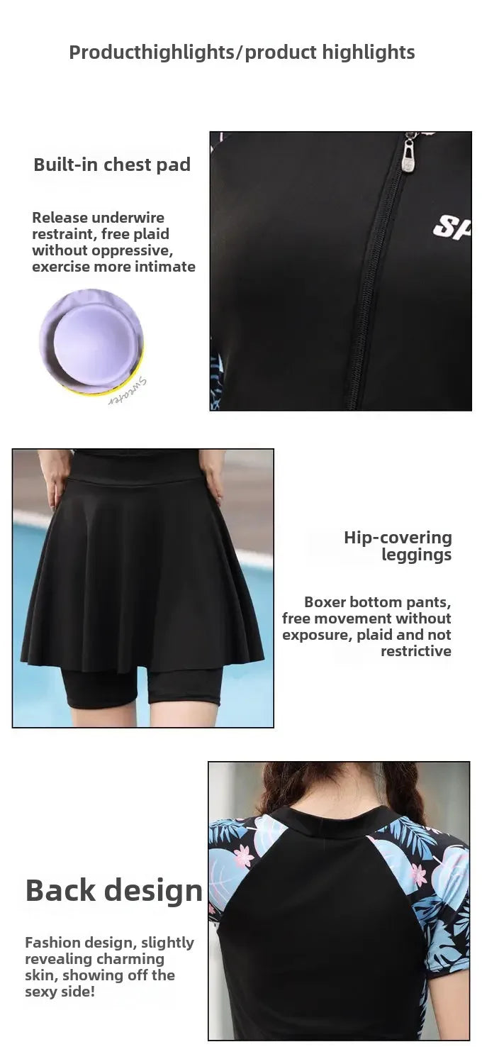 plus size swimsuit women's one-piece skirt short sleeve professional sports swimsuit mother 200kg conservative belly slim hot spring