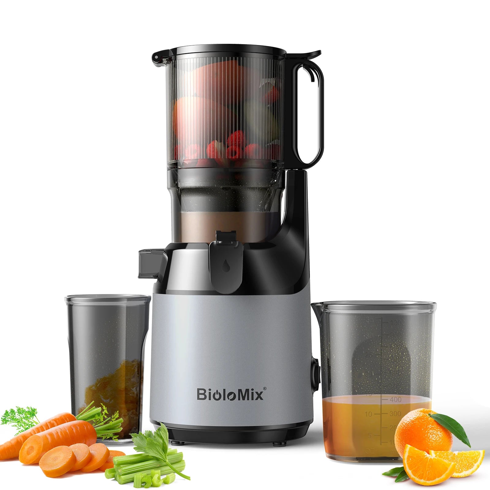 Exprimidor de prensa en frío BioloMix, con conducto de alimentación de 130 mm, apto para frutas y verduras enteras, alto rendimiento de jugo, exprimidor de masticación lenta sin BPA
