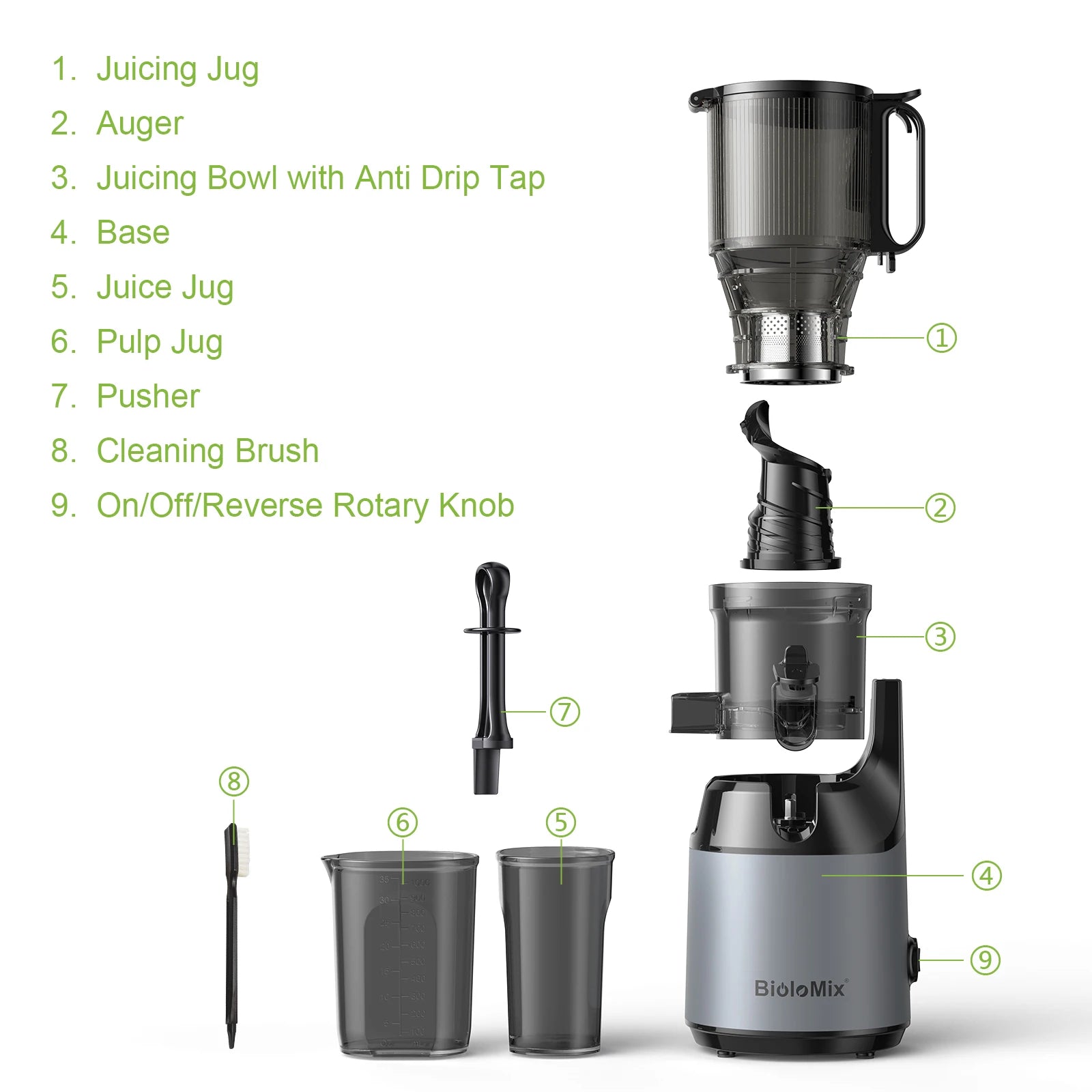 Exprimidor de prensa en frío BioloMix, con conducto de alimentación de 130 mm, apto para frutas y verduras enteras, alto rendimiento de jugo, exprimidor de masticación lenta sin BPA