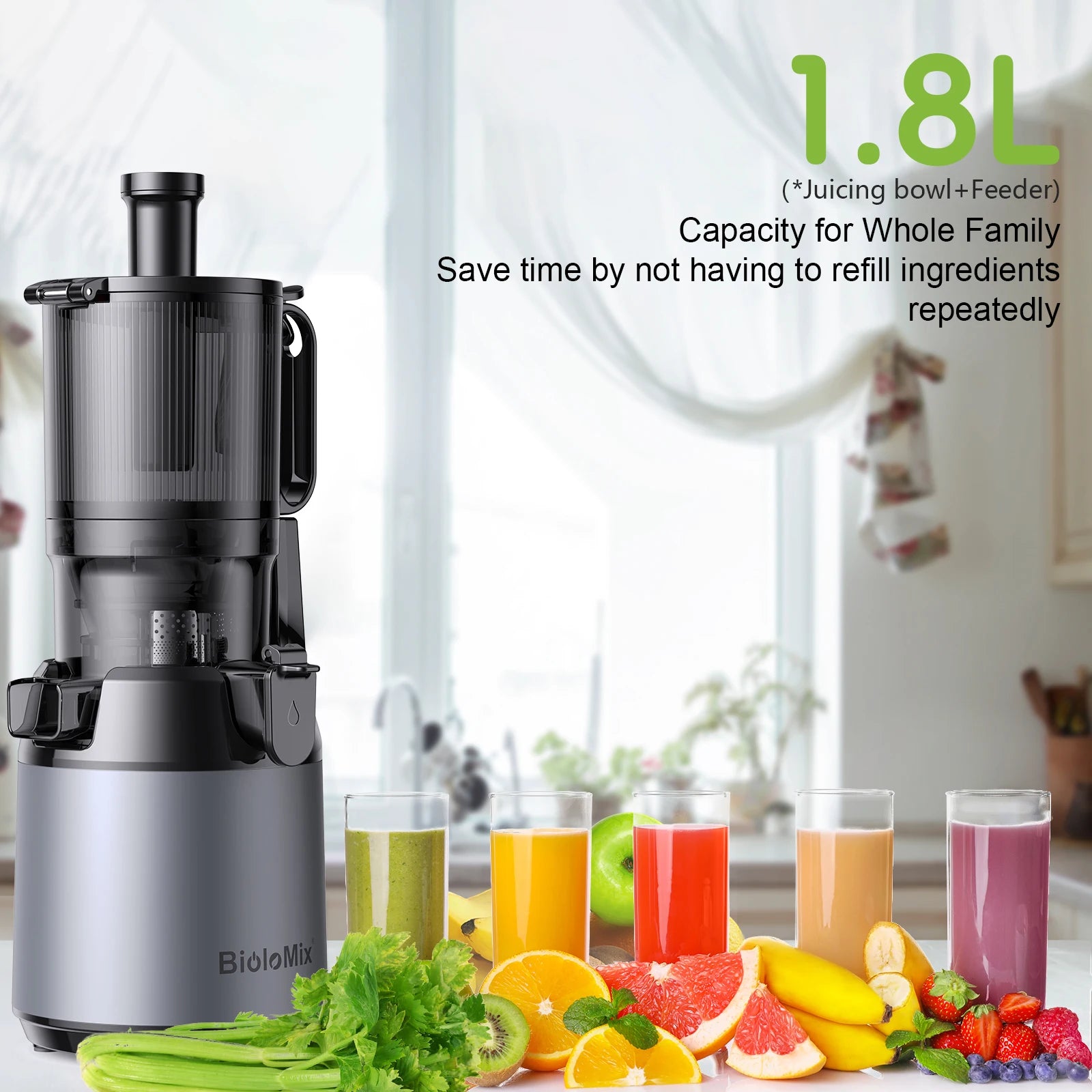 Exprimidor de prensa en frío BioloMix, con conducto de alimentación de 130 mm, apto para frutas y verduras enteras, alto rendimiento de jugo, exprimidor de masticación lenta sin BPA