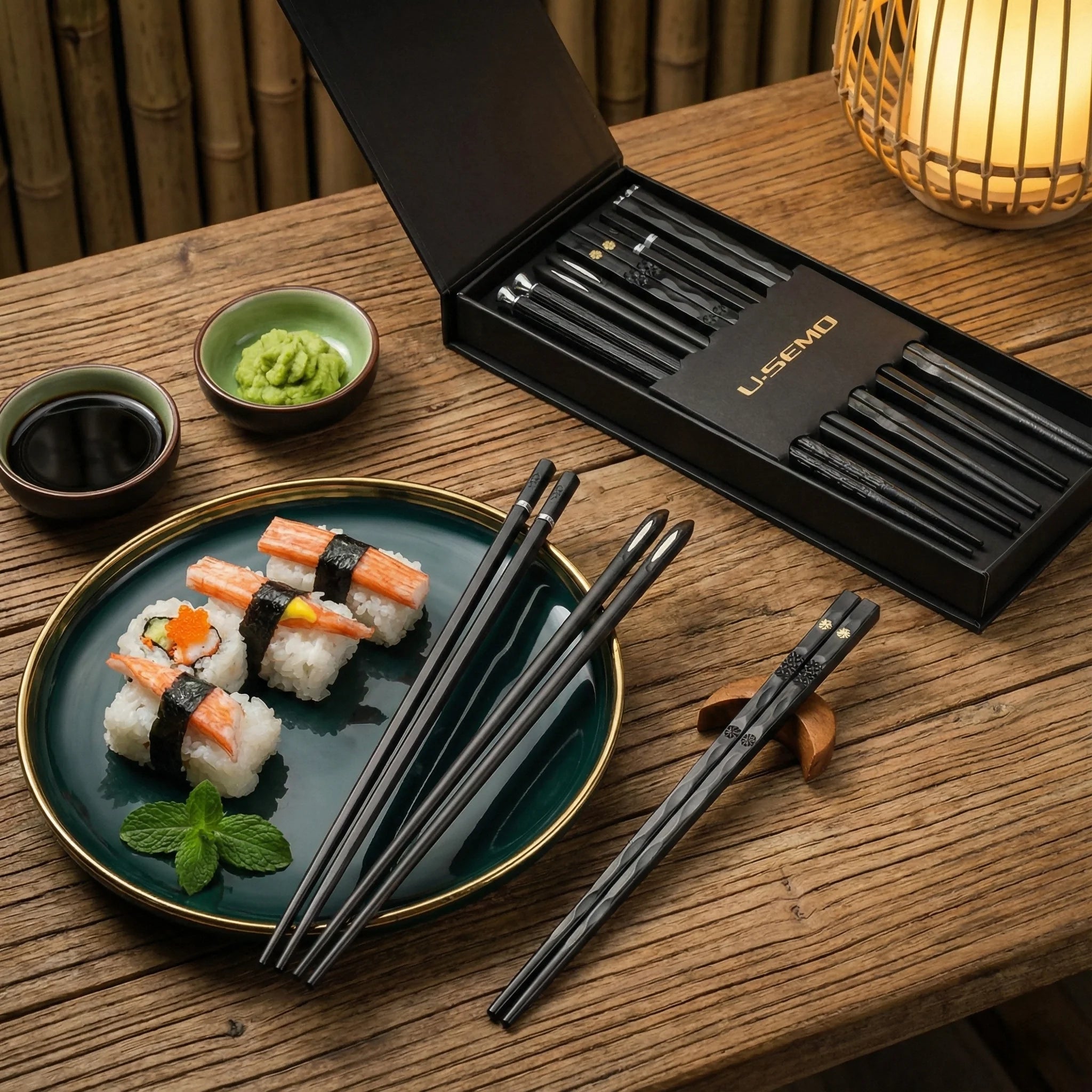 Juego de palillos de aleación negra de estilo japonés de 9,57 pulgadas: vajilla reutilizable en caja de regalo