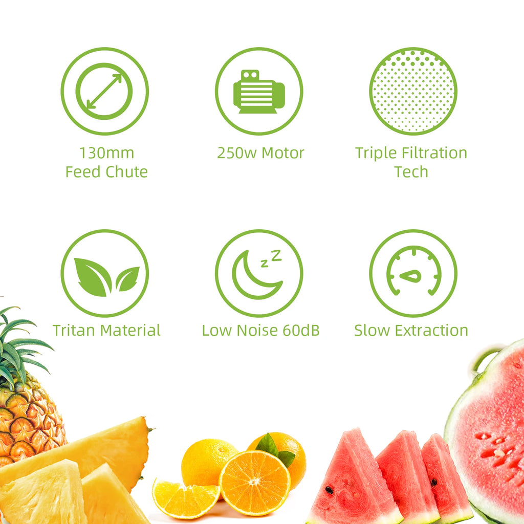 Exprimidor de prensa en frío BioloMix, con conducto de alimentación de 130 mm, apto para frutas y verduras enteras, alto rendimiento de jugo, exprimidor de masticación lenta sin BPA