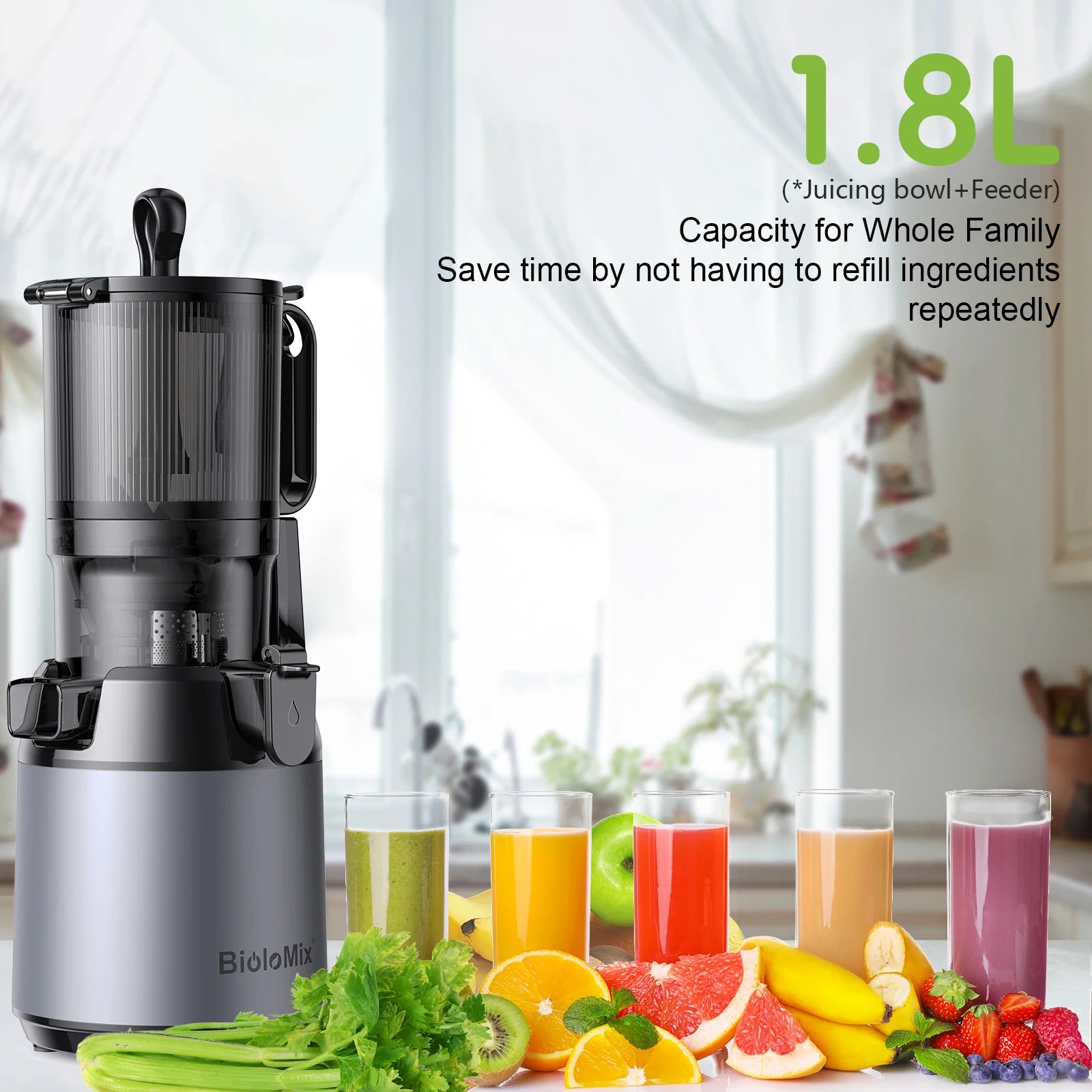 Exprimidor de prensa en frío BioloMix, con conducto de alimentación de 130 mm, apto para frutas y verduras enteras, alto rendimiento de jugo, exprimidor de masticación lenta sin BPA