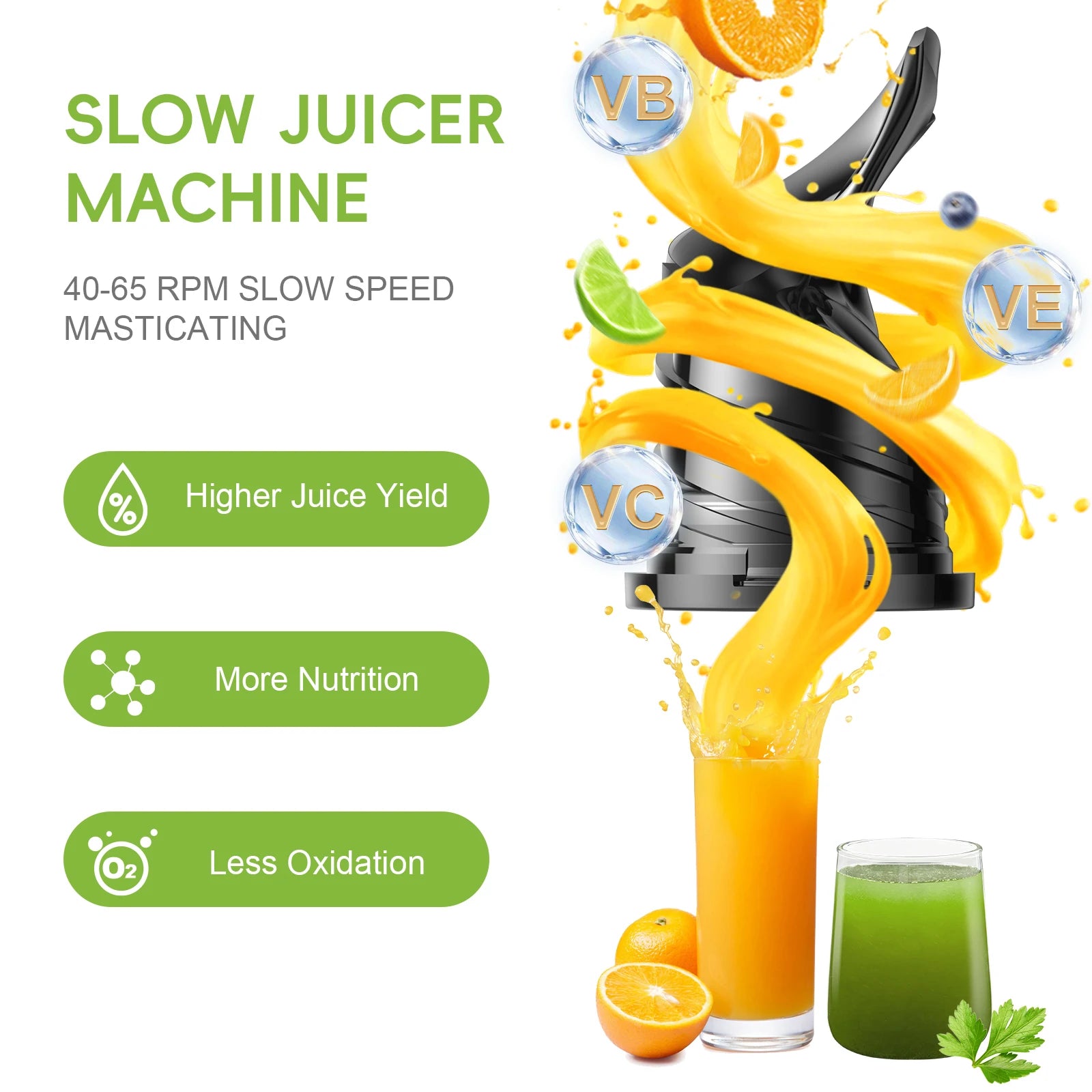 Exprimidor de prensa en frío BioloMix, con conducto de alimentación de 130 mm, apto para frutas y verduras enteras, alto rendimiento de jugo, exprimidor de masticación lenta sin BPA