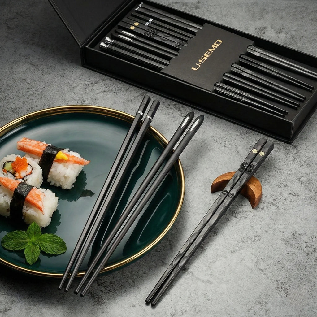 Juego de palillos de aleación negra de estilo japonés de 9,57 pulgadas: vajilla reutilizable en caja de regalo