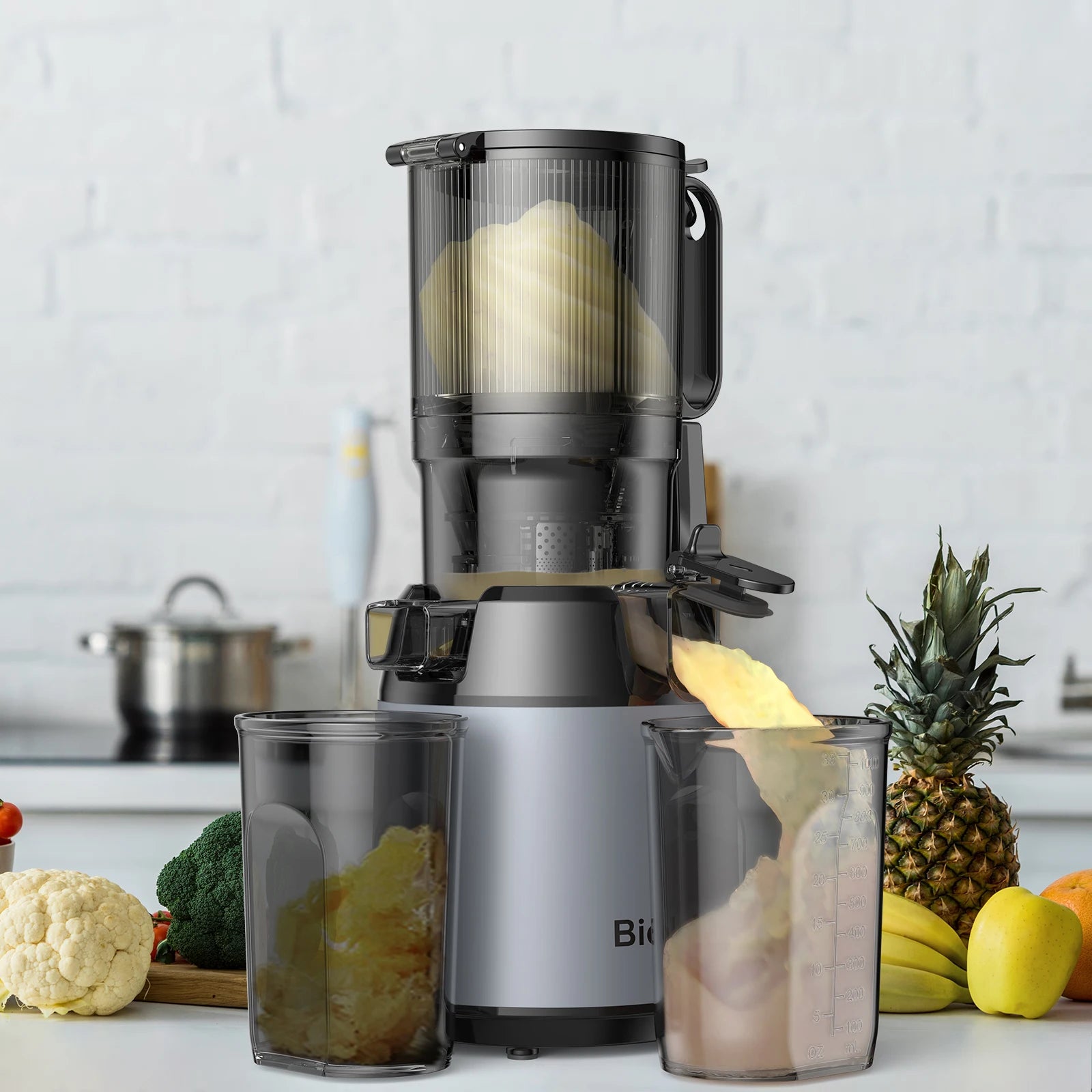 Exprimidor de prensa en frío BioloMix, con conducto de alimentación de 130 mm, apto para frutas y verduras enteras, alto rendimiento de jugo, exprimidor de masticación lenta sin BPA