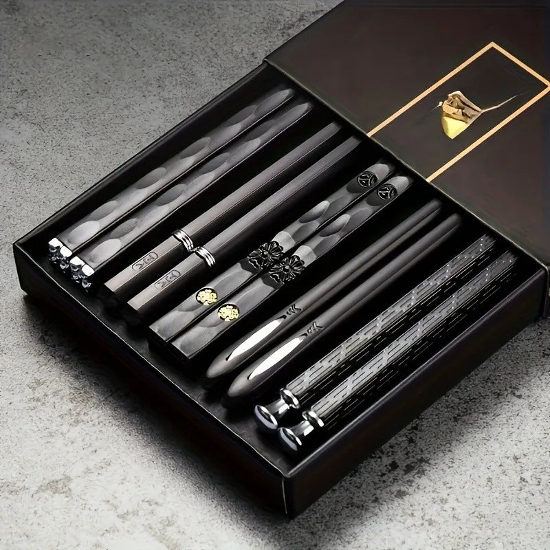 Juego de palillos de aleación negra de estilo japonés de 9,57 pulgadas: vajilla reutilizable en caja de regalo